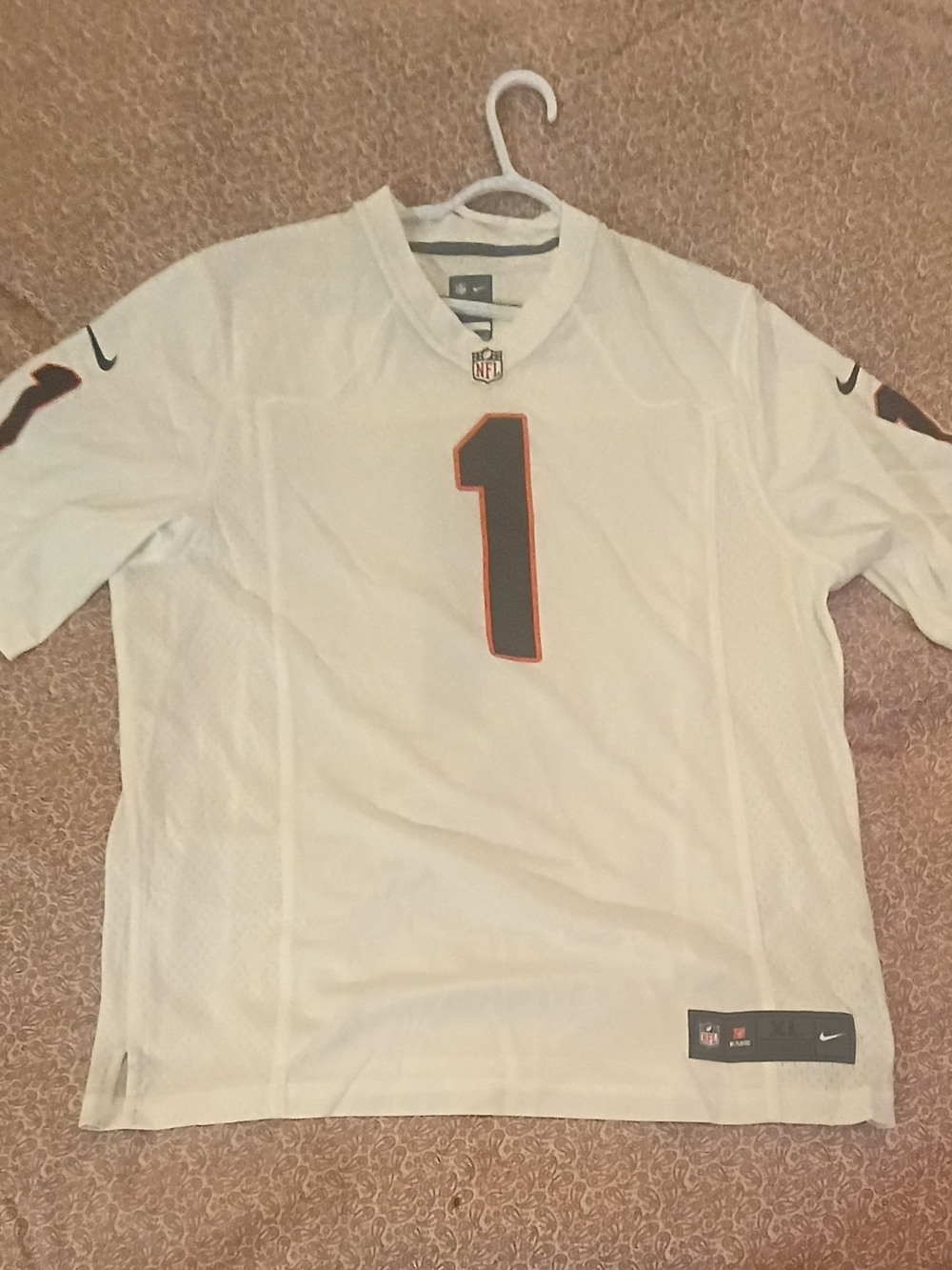 NFL White Men’s Jersey with Black Number and Orange Trim